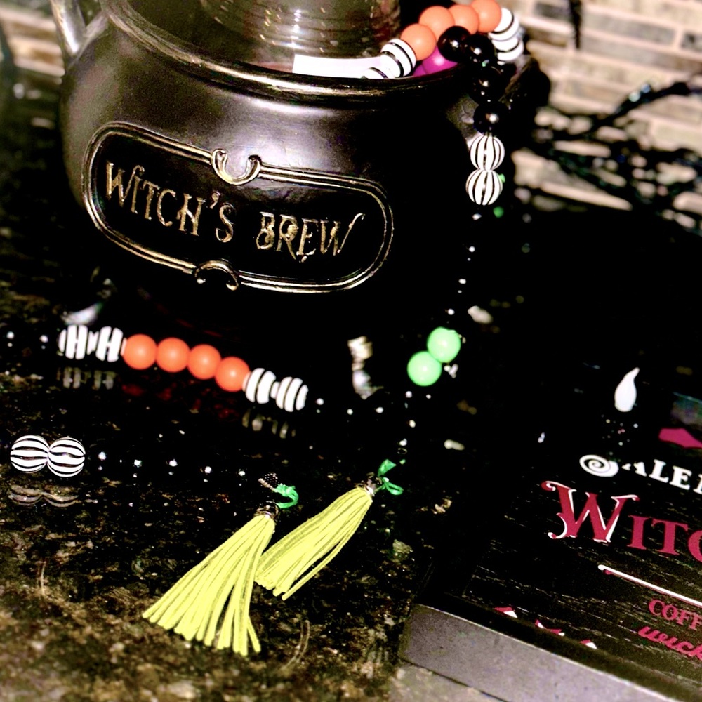 Halloween Garland 8ft long colorful wood beads, skulls and pumpkins, tassels